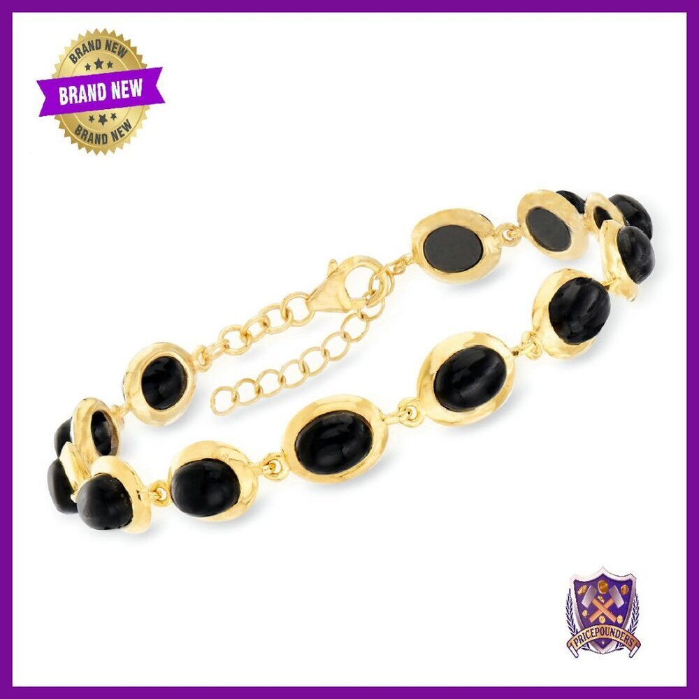 18kt Gold Over Sterling Onyx Charm Bracelet, 7 Inches, Lobster Clasp